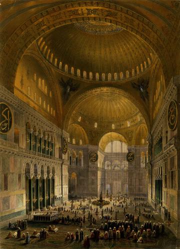 Interior view of the Hagia Sophia mosque in Istanbul from the balcony, with two domes above, crowd of worshippers on the carpet below, and entrance in background; after Fossati. Tinted lithograph with hand-colouring. 1852