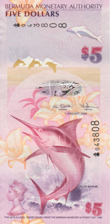 Bermuda's 5 dollar banknote showing a marlin and the Arnold Machin portrait of Queen Elizabeth II in bottom left corner Bermuda's 5 dollar banknote showing a marlin and the Arnold Machin portrait of Queen Elizabeth II in bottom left corner