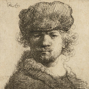 Self-portrait in a heavy fur cap, 1631, Rembrandt (1606-69) © Ashmolean Museum WA1855.312 Self-portrait drawing by Rembrandt of the artist wearing a cap