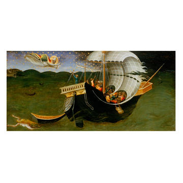 Bicci di Lorenzo, St Nicholas of Bari Banishing the Storm WA1850.26 A painting of a ship in a storm with white billowing sails