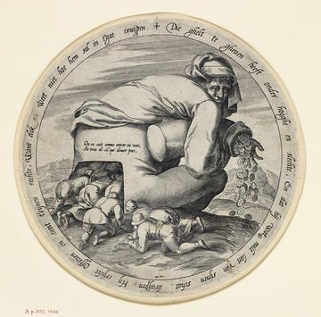 The man with the moneybag and his flatterers, Johannes Wierix, printmaker, after Pieter Bruegel, the Younger, 1568, engraving on laid paper © Ashmolean Museum Bruegel the Younger's satirical black and white engraving of the man with the moneybags and his flatterers