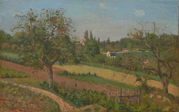 Camille Pissarro (1830–1903) The Countryside near Louveciennes, Summer, 1870 – Private Collection A landscape painting of a countryside scene by Camille Pissarro