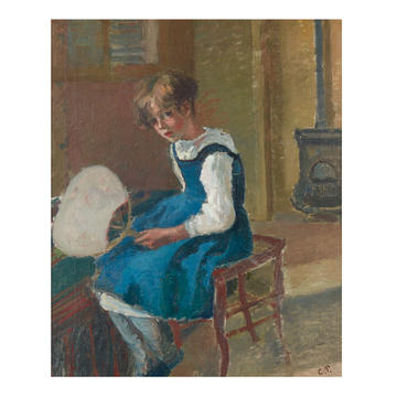 A painting by Camille Pissarro of little girl wearing a blue pinafore dress, sat on a wooden stool and holding a white fan