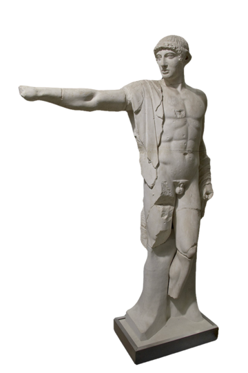 White cast statue of the god Apollo, with his arm outstretched