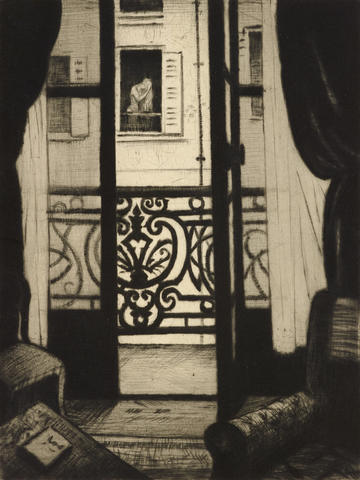 A black and white etching of an open glass door onto a balcony