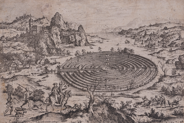 Drawing of the Cretan Labyrinth amongst a hilly landscape
