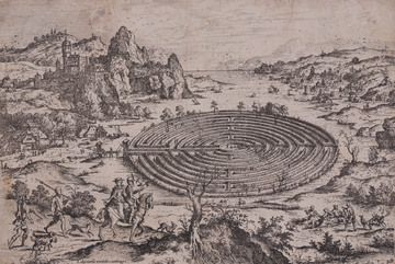 The Cretan Labyrinth, 1558, after a Mathjis Cock drawing Drawing of the Cretan Labyrinth amongst a hilly landscape