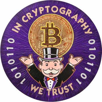 In Cryptography We Trust (based on Mr Monopoly's Milburn Pennybags), Alexander C. Cornelius, 2017, Acrylic and glitter on canvas, Haupt Collection © Alexander C. Cornelius Colourful coin-shaped cryptocurrency in acrylic and glitter based on Mr Monopoly's Milburn Pennybags