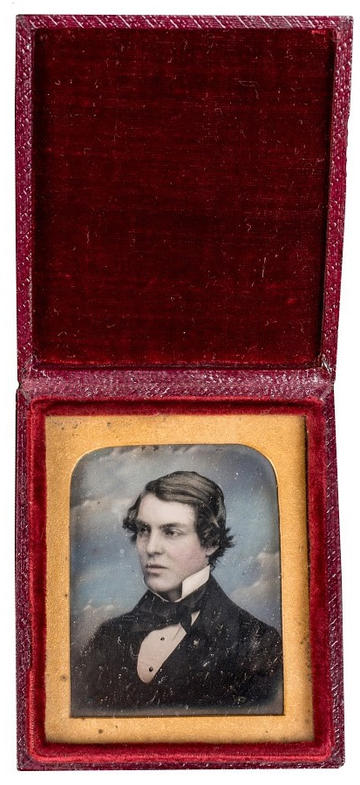 Studio of Richard Beard (English, 1801-1885) Portrait bust of a man c. 1845 Hand-painted daguerreotype in a leather case