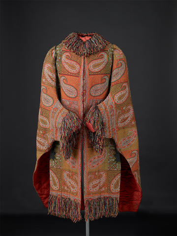 A winter kashmir shawl with fringed collar and sleaves