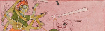 Page from a manuscript of the Devimahatmya showing Durga slaying the buffalo demon, 17th century Gouache painting in delicate pinks, reds and greens of Durga slaying the buffalo demon from a manuscript of the Devimahatmya, 17th century