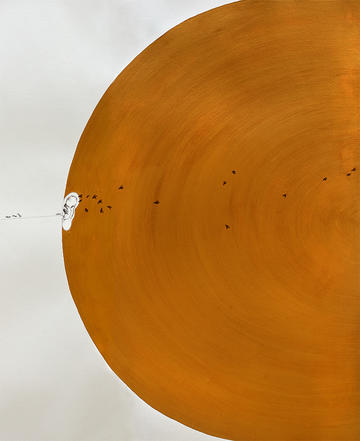 Section of the Between the Sea and Sky 30-foot scroll artwork by Soma Surovi Jannat showing an orange half globe and tiny bees and ants