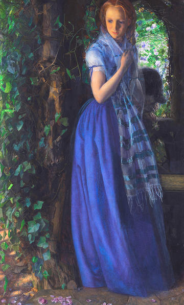 April Love by Arthur Hughes. 1855-6, oil on canvas April Love by Arthur Hughes. 1855-6, oil on canvas, depicts a young woman in a bluey-purple dress, looking down at fallen rose petals as her suitor bends to kiss her hand
