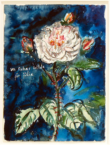 Expressionistic still life watercolour painting of a flower and stem, with pink and white bloom and swirly blue background by artist Anselm Kiefer