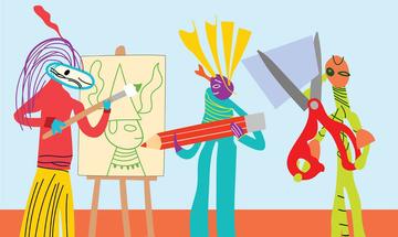 Illustrated characters with drawing and cutting out tools Illustrated characters with drawing and cutting out tools Family poster
