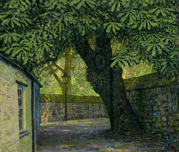 Painting of a leafy tree in an Oxford alleyway