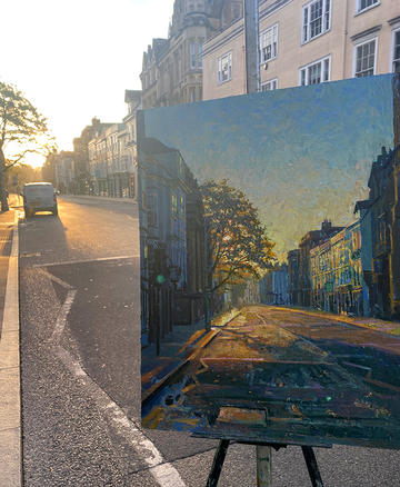 Painting a colourful Oxford street scene on an easel 
