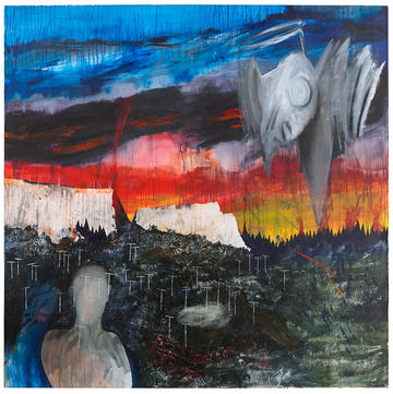 Colourful and abstract artwork showing a mountainous landscape with a grey shadowy creature in the top right and a grey silhouette in the left corner, by Stanley Donwood and Thom Yorke