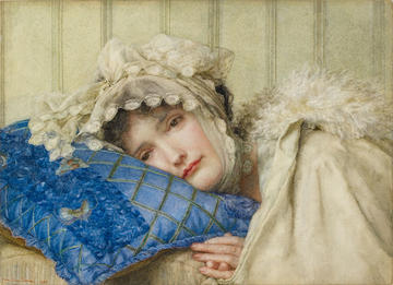 Landscape watercolour painting of a Girl in a Bonnet with her Head on a Blue Pillow by Anna Alma-Tadema