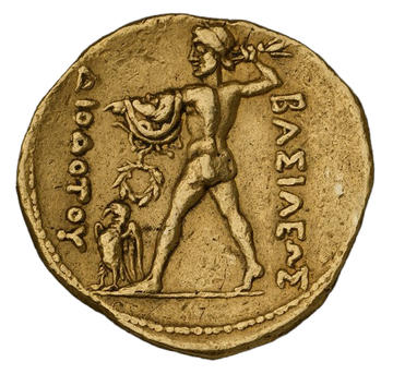 Gold stater coin in the Indo-Greek coin display, Money Gallery