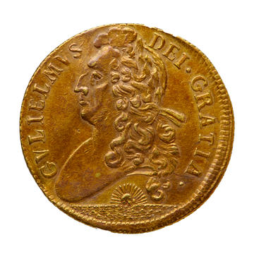 Gold coin of William III, 1701, HCR 8158 A gold coin engraved with the head of William III from 1701
