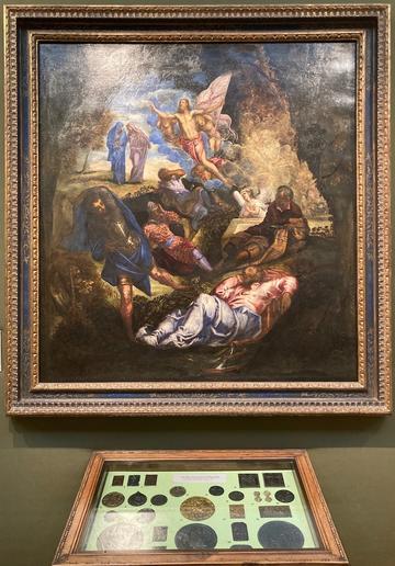 Tintoretto's 'Resurrection', WA1946.198, in its gallery setting above a case of medals