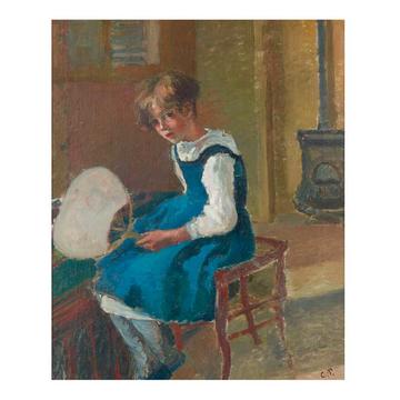 A painting by Camille Pissarro of little girl wearing a blue pinafore dress, sat on a wooden stool and holding a white fan