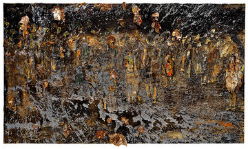 Wer jetzt kein Haus hat (Whoever has no House now), Anselm Kiefer, 2023, emulsion, acrylic, oil, shellac, lead, string & chalk on canvas. Collection of the artist. Courtesy of White Cube. © Anselm Kiefer