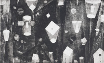 A black and white etching of various wandering 3D shapes drifting in space