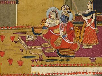 Colourful painted detail of Krishna and Radha seated