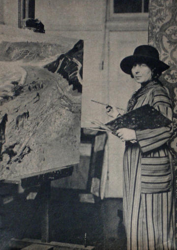 British painter Laura Knight at work, in a black & white newspaper clipping