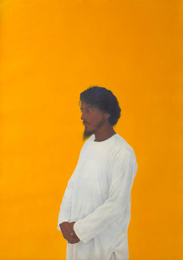 A painting of a bearded man wearing a white tunic gown against a bright orange background