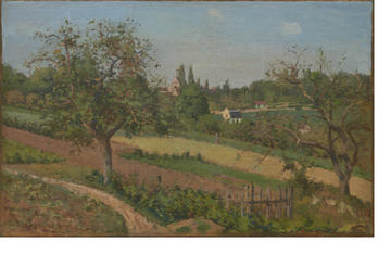 A landscape painting of a countryside scene by Camille Pissarro