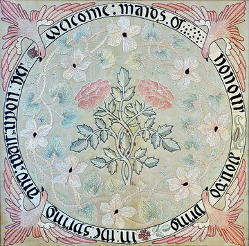 Maids of Honour fire screen panel or cushion cover, May Morris, c.1890, polychrome silks on silk © Paul Reeves collection Maids of Honour flower drawing by May Morris for a fire screen panel or cushion cover design, dated to about 1890