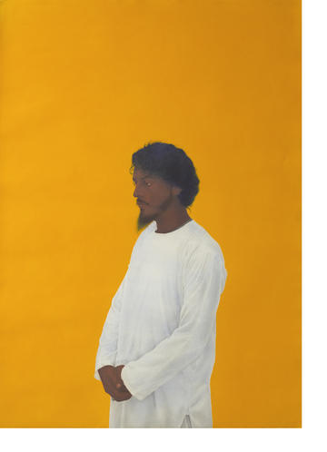 Painting by Ali Kazim of a man in profile against an orange backgroun