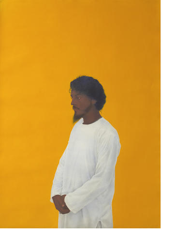 Ali Kazim, Man of Faith – courtesy Jhaveri Contemporary Painting by Ali Kazim of a man in profile against an orange backgroun