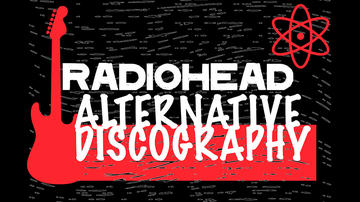 Radiohead discography collage workshop image showing a guitar in black and white and red
