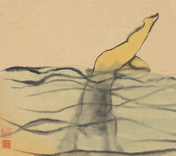 Nude Bathing ink painting by Chinese artist Li Jin, dated 2001