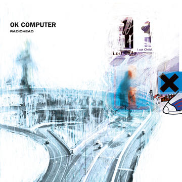 OK Computer album cover, Thom Yorke & Stanley Donwood, 1997 © 1997 XL Recordings Ltd Radiohead's album cover artwork for OK Computer showing a blurry intersection of roads in abstract in greys and blues on a white background with a shadowy figure and an x on the right