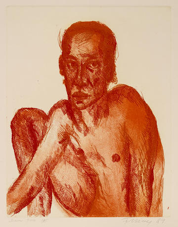 Rainer Fetting (b.1949), Portrait of Shaun, 1989. © The Artist. Ashmolean Collection. WA2019.104 etching of man printed in orange and red on heavy white Fabriano paper Rainer Fetting