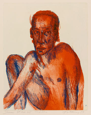 Rainer Fetting (b.1949), Portrait of Shaun, 1989. © The Artist. Ashmolean Collection. WA2019.106 etching printed in orange and blue on heavy white Fabriano paper