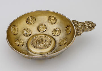 Bowl set with casts of Roman coins and a medallion of Christ and the Woman of Samaria at the well, made in parcel -silver-gilt, dating to about 1500