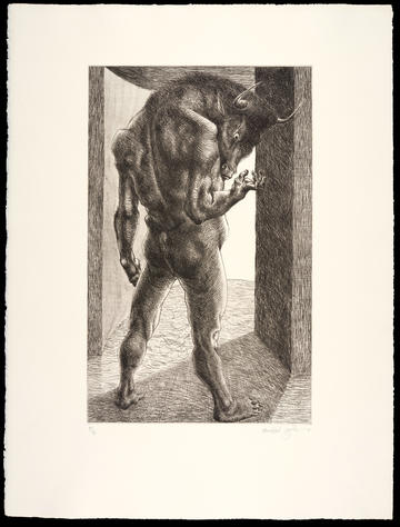 Black and white etching of Minotaur, Risen by Michael Ayrton, dated 1971 Black and white etching of Minotaur, Risen by Michael Ayrton, dated 1971