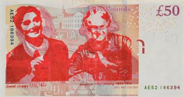 One of artist Paula Hoare's Notable Women series of Defaced British Bank Notes in red and multicolour print on a £50 note. Shows portraits of Boulton and Watt obscured by overprinted portraits of Sarah Guppy and Beatrice 'Tilly' Shilling.