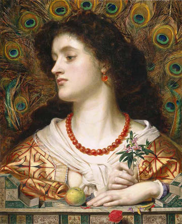 Vivien by Frederick Sandys, 1863, Manchester Art Gallery. A vivid colourful portrait with peacock feather background.