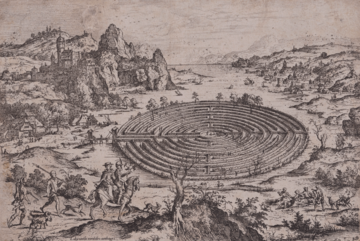 Drawing of the Cretan Labyrinth amongst a hilly landscape