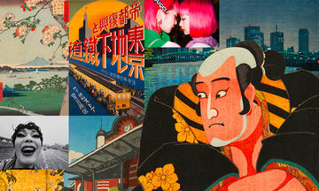 Film poster for Tokyo Stories, with a series of artworks featuring in the film behind the film's title