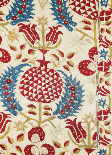 Wall hanging (detail) with tulips, pomegranates & serrated leaves, Ottoman Turkey, 17th century, polychrome silks on canvas © Ashmolean Museum 17th-century Turkish wall hanging design featuring red, gold and blue flower and fruit patterns