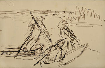 A line drawings of figures punting on a river