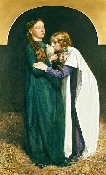 Pre-Raphaelite portrait painting by Millais of the daughters of Noah holding a dove and olive sprig, one wears green, the other white - the top of the painting is framed by a semi-circular gold frame